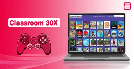 Laptop showing the Classroom 30x games library alongside a gaming controller icon on a pink background.