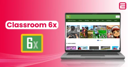 Classroom 6x Guide to Access Free Games on School Networks Laptop displaying the Classroom 6x unblocked games website on a pink background.