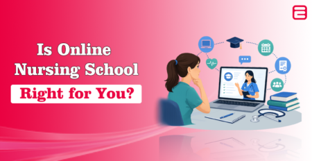 Illustration of a student attending a virtual nursing class on a pink and white banner