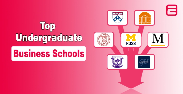 Top Undergraduate Business Schools in the US (2026 Rankings) Top university and business school logos branching off a large downward arrow on a pink ranking banner for edulize.com.